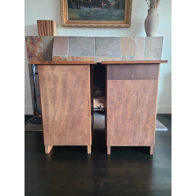 Stickley Stickley Style Oak Mission Nightstands (Pair) With Inlaid Gillot & Cie Tile For Sale - Image 4 of 13