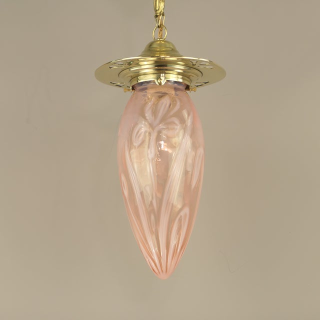 Gold Art Nouveau Pendant Lamp with Floral Opal Glass Shade, 1890s For Sale - Image 8 of 8