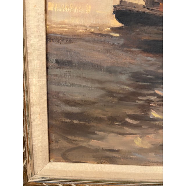 Ecru Vintage 1968 Petko Kadiev Original Harbor Painting in Vintage Frame For Sale - Image 8 of 18
