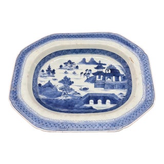 Antique Chinese Blue and White Canton Porcelain Deep Platter, Circa 1830s For Sale
