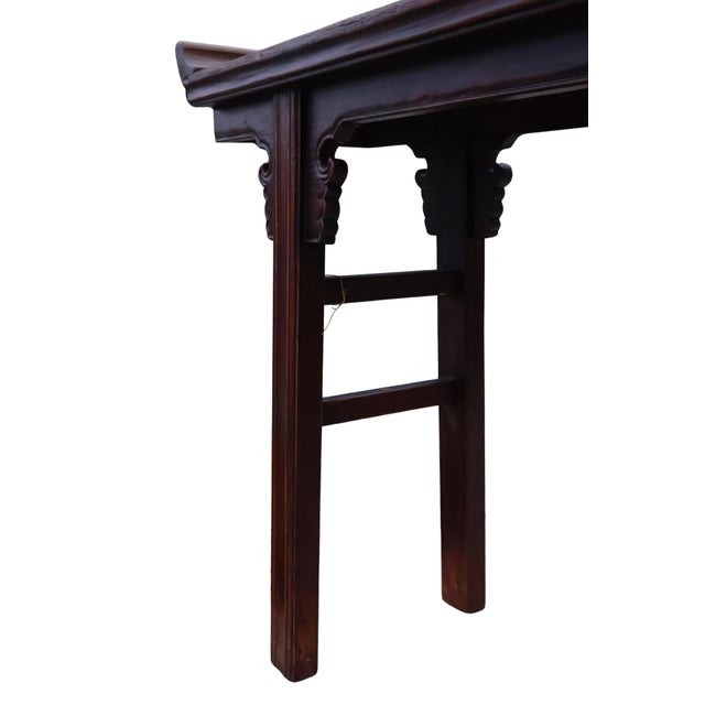 Wood Antique Chinese Ming-Style Altar Console With Pierced Cloud-Scroll Spandrels & Oxblood Patina For Sale - Image 7 of 18