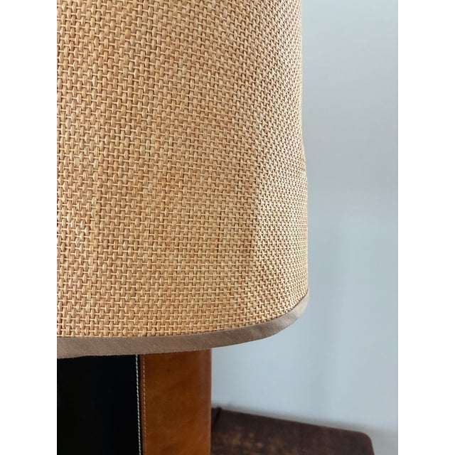 Metal Pair Mid Century Modern Stitched Two Tone Leather Wrapped Table Lamps For Sale - Image 7 of 7