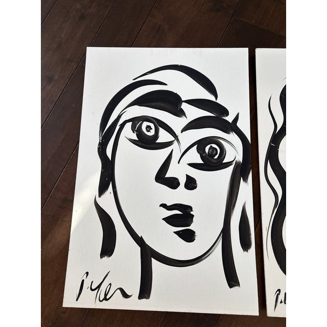 Abstract Peter Keil Black and White 20th Century Portrait Paintings, a Pair For Sale - Image 3 of 6