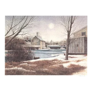 1988 Dwight Baird 'The Mill in Winter' Outsider Art Brown,Blue,Gray USA Offset Lithograph