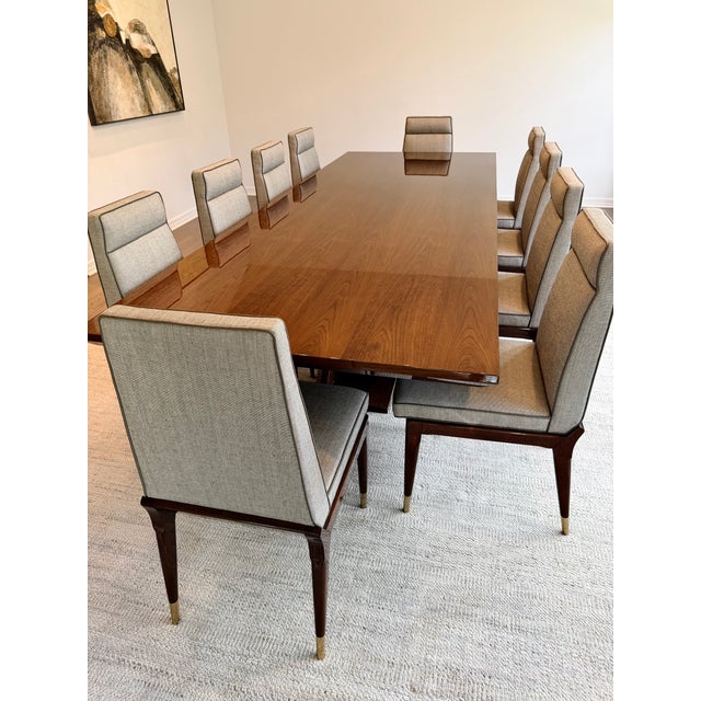 Art Deco Set of 10 Lorin Marsh Art Deco Tuxedo Dining Chairs in High-Gloss Mahogany & Brass For Sale - Image 3 of 18