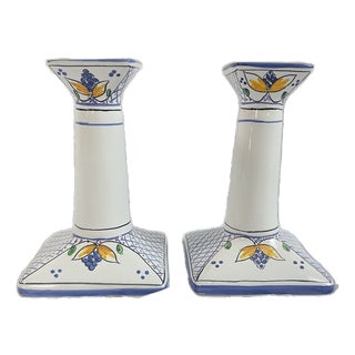 Vintage Tiffany & Co. Hand-Painted Portuguese Blue and White Candlesticks - A Pair For Sale