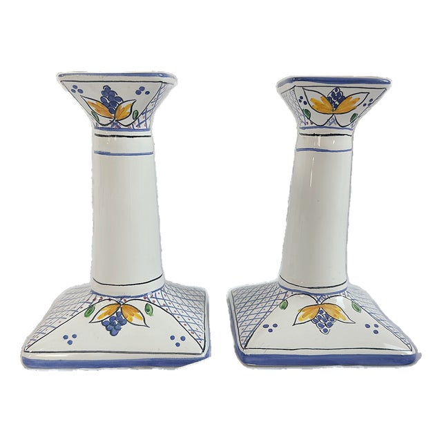 Vintage Tiffany & Co. Hand-Painted Portuguese Blue and White Candlesticks - A Pair For Sale