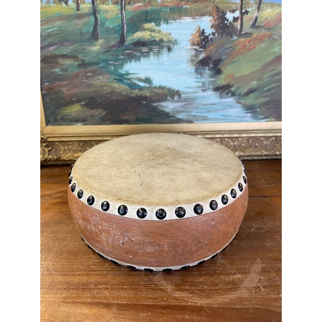 Metal Vintage Handcrafted Drum With Metal Stud Detailing For Sale - Image 7 of 9