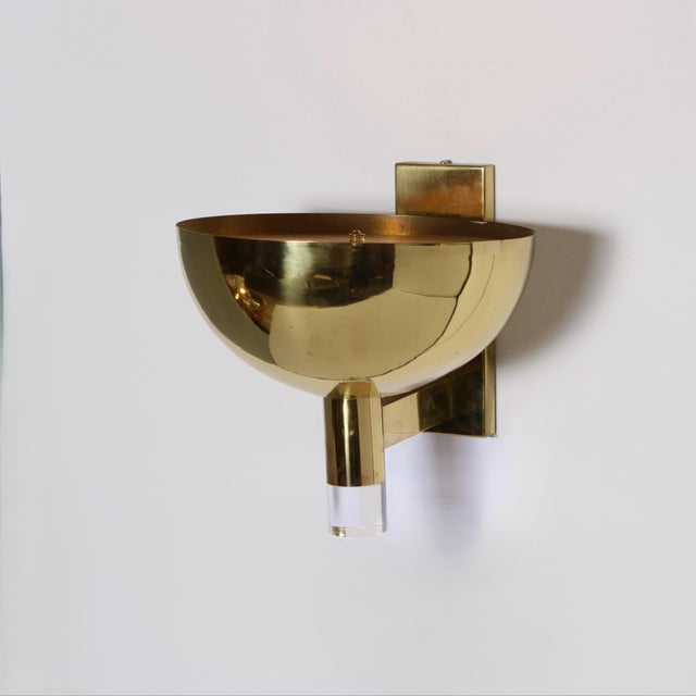 Modern Late-20th Century Pair of Large Scale Brass and Lucite Sconces. For Sale - Image 3 of 6