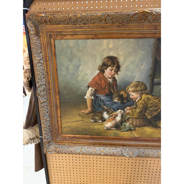 Art Deco Large Vintage Framed Oil on Canvas ‘Feeding the Rabbits’ by S Renolds For Sale - Image 3 of 4