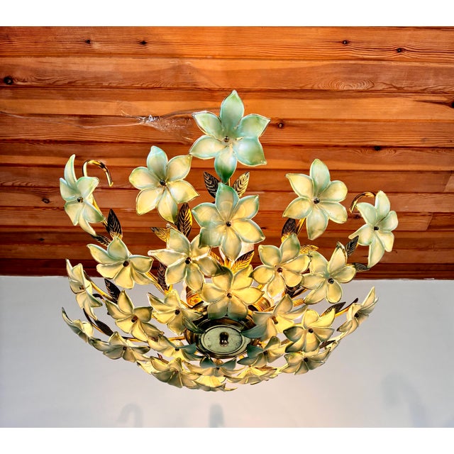 1970s Vintage Murano Style Hand-Painted Green Glass Floral Flush Mount Chandelier⁠ For Sale - Image 12 of 18