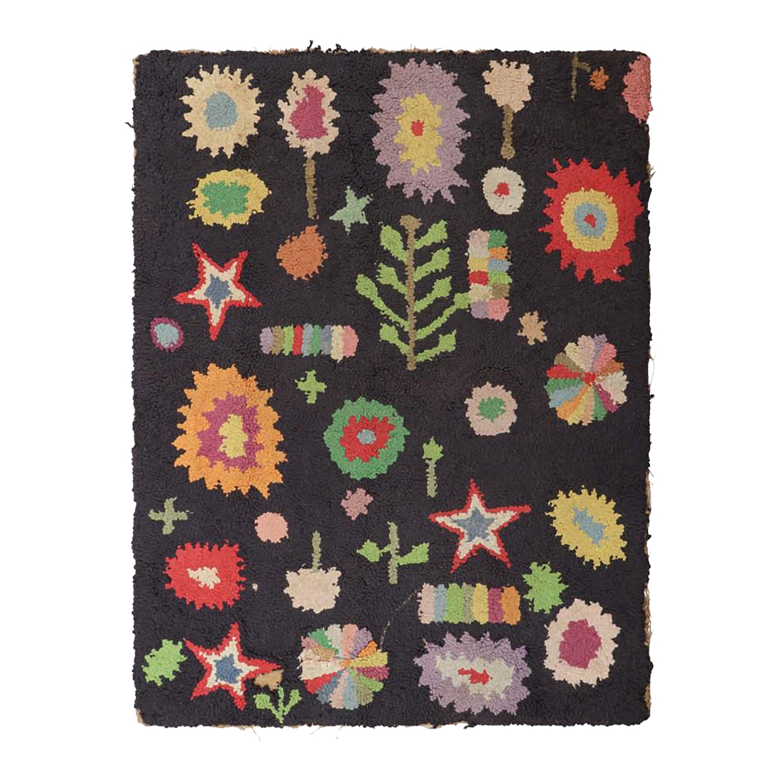 Antique Hooked Rug in Black With Polychromatic All Over Patterns | Rug ...