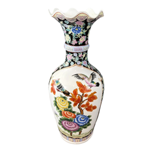Late 20th Century Monumental Asian Palace Vases With Birds and Flowers With Blue Banding
