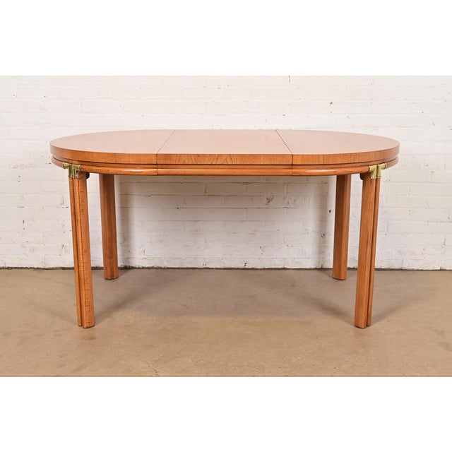Mid-Century Modern Drexel Mid-Century Hollywood Regency Campaign Pecan Wood Extension Dining Table, Newly Refinished For Sale - Image 3 of 13