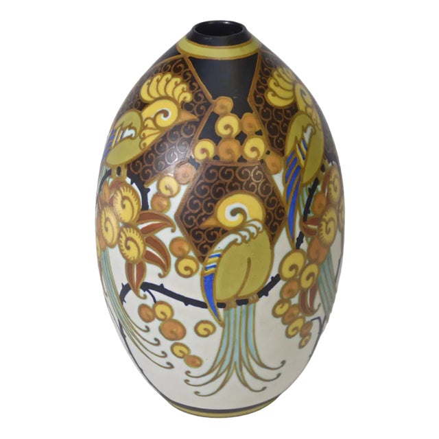 Art Deco Ceramic Porcelain Vase Birds of Paradise by Jan Wind, 1920s For Sale