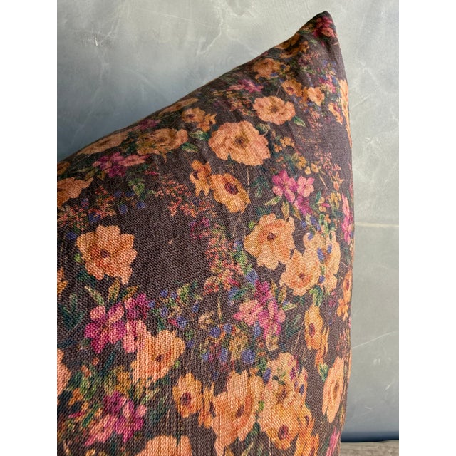 Brown Floral Linen Pillow With Brass Zipper and Down Feather Insert For Sale In Los Angeles - Image 6 of 7