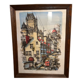 1970s Mid-Century Modern Hand-Tinted Lithograph of Old Quebec by Nikola-Château Frontenac View 22x 14 Original Oak Frame For Sale