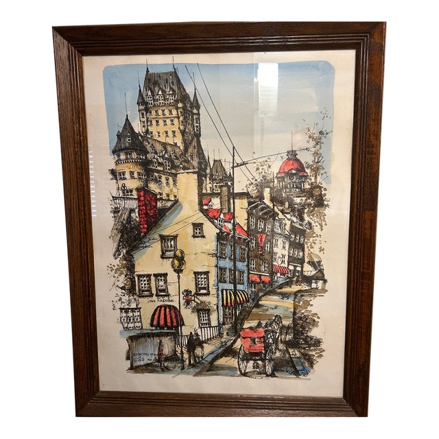 1970s Mid-Century Modern Hand-Tinted Lithograph of Old Quebec by Nikola-Château Frontenac View 22x 14 Original Oak Frame For Sale