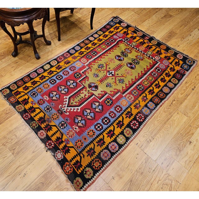 Vintage Turkish Kilim Rug, Flat-Woven Prayer Pattern, Yellow & Green, 4x6 For Sale - Image 16 of 16