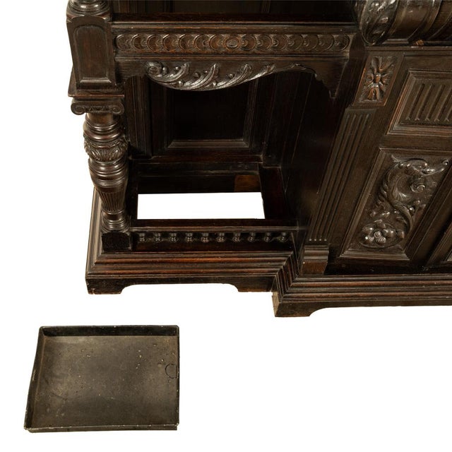 Antique Monumental Renaissance Revival Carved Oak Hall Tree Stand Mirror 1890 For Sale - Image 13 of 14