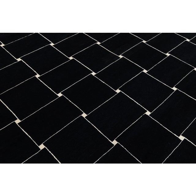 Cream Contemporary Graphic Basketweave Black and Cream Wool Rug Modernist Grid 8x10 For Sale - Image 8 of 12