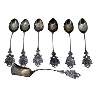 Silver Coffee Spoons and Sugar Shovel with Monogram Card Handles, Set of 6 For Sale