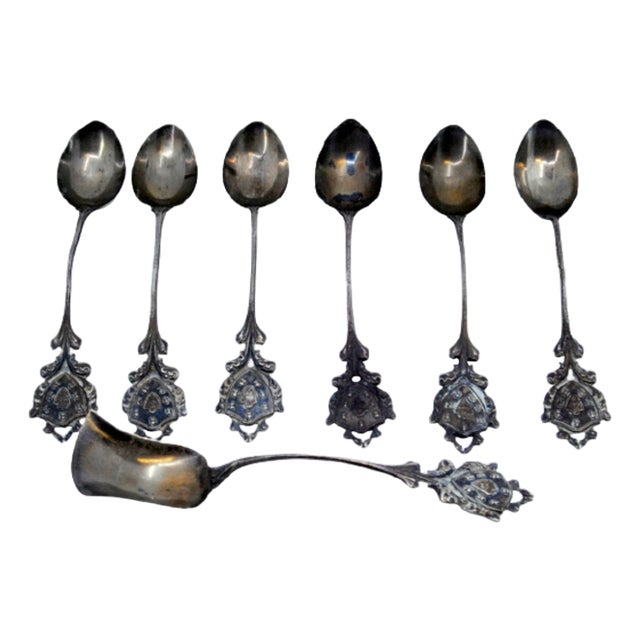 Silver Coffee Spoons and Sugar Shovel with Monogram Card Handles, Set of 6 For Sale