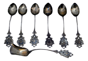 Silver Coffee Spoons and Sugar Shovel with Monogram Card Handles, Set of 6