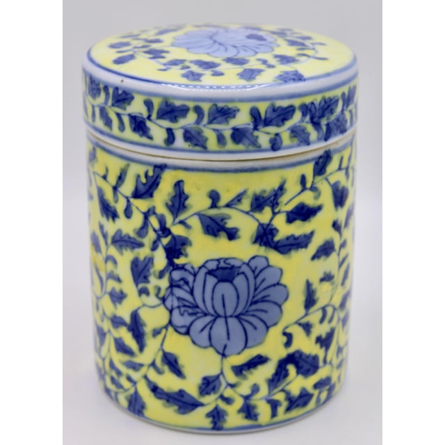 Mid-20th Century Canary Yellow and Blue Porcelain Lidded Jar For Sale - Image 13 of 13