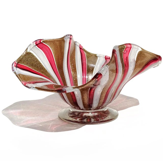 Murano Vintage Italian Art Glass Footed Bowl Murano Glittery Copper Aventurine Pink Red White Ribbons Dish For Sale - Image 4 of 8