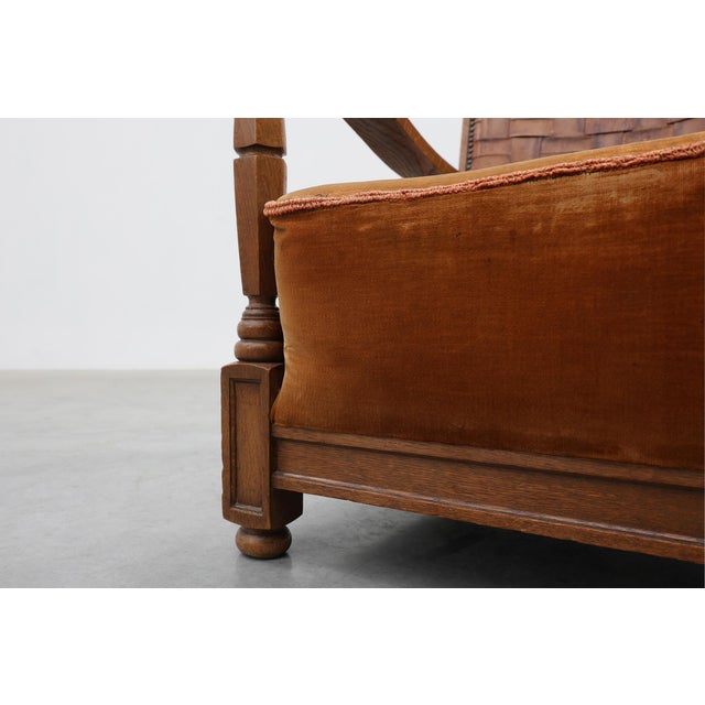 Wood Art Deco Oak Lounge Chair with Woven Leather Back and Ochre Velvet, Belgium, 1920s For Sale - Image 7 of 15