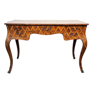 Large Italian Parquetry Inlay Fruitwood Writing Table, Mid 20th Century For Sale
