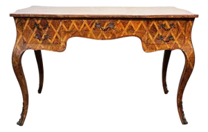 Large Italian Parquetry Inlay Fruitwood Writing Table, Mid 20th Century