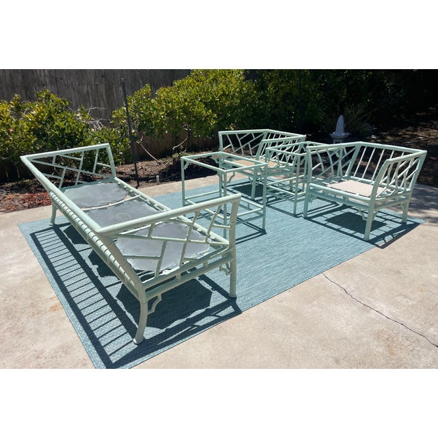 Vintage Faux Bamboo Patio Set by Meadowcraft, Chippendale Details and Sunbrella Cushions For Sale - Image 10 of 18
