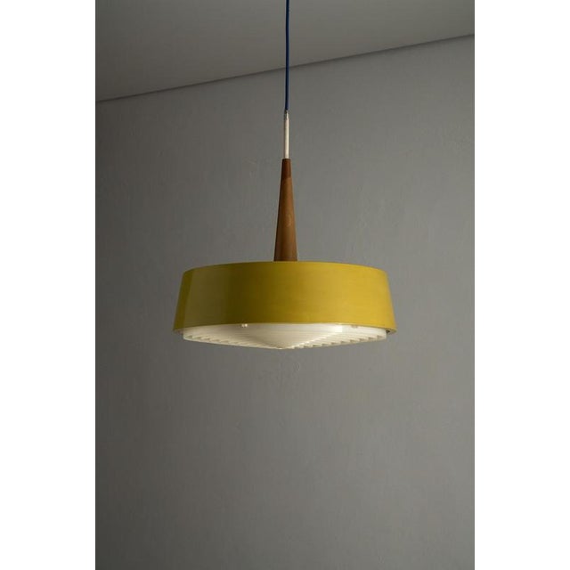 Gold Mustard Yellow Pendant Lamp with Teak Accent and Grid Diffuser, 1960s For Sale - Image 8 of 9