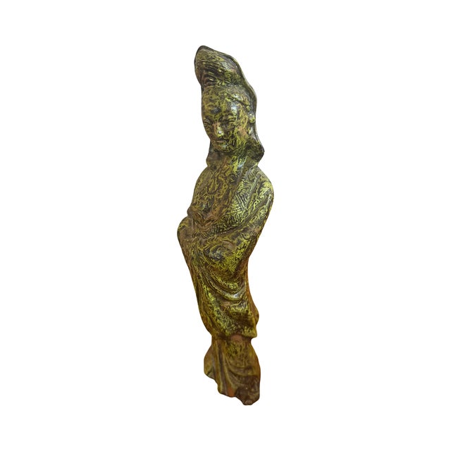 Vintage Handcrafted Verdigris Guanyin Ceramic Sculpture For Sale In West Palm - Image 6 of 11