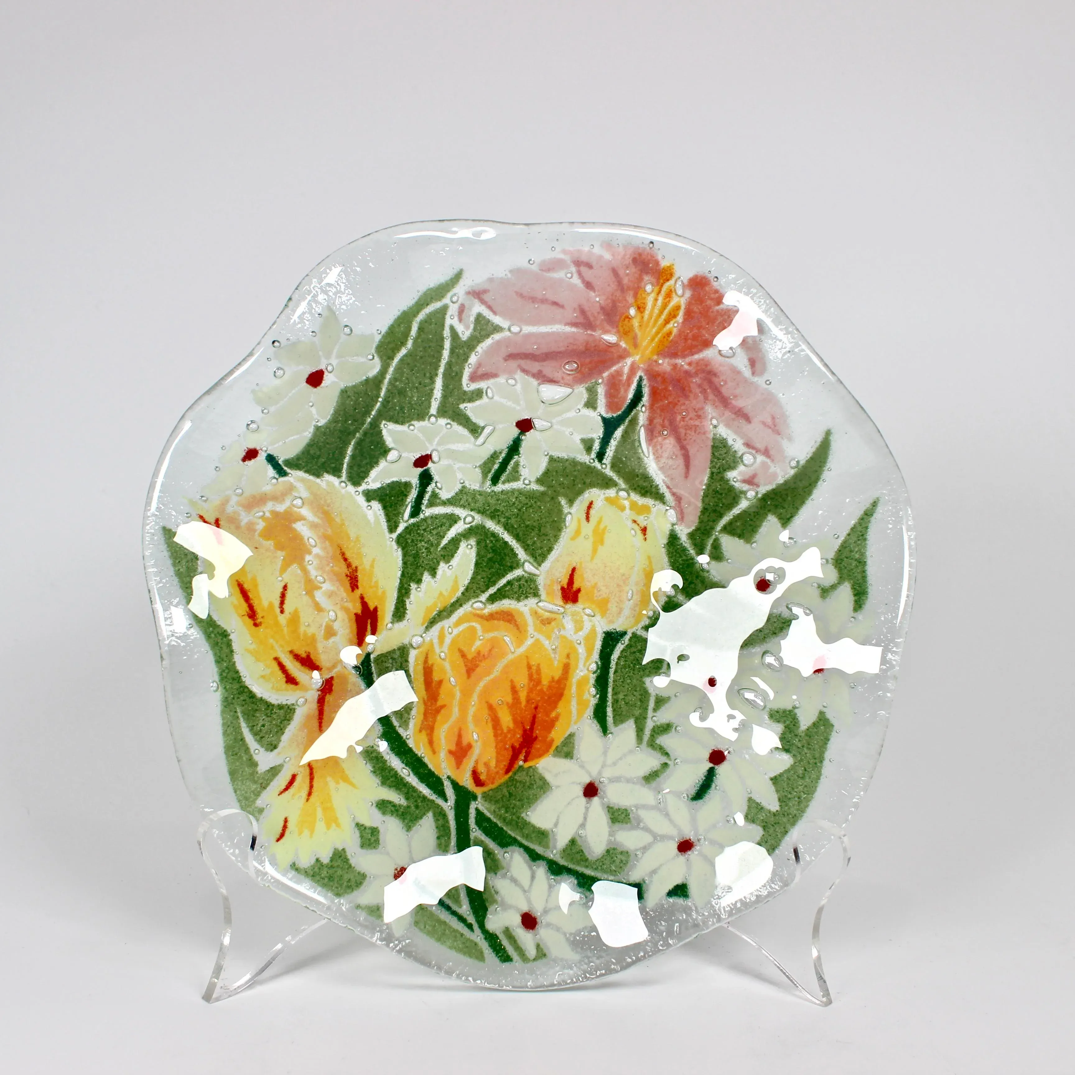 Peggy Karr ペギーカー フュージドガラス プレート アジサイ 皿 Fused Art Glass Plate With Yellow Tulips and White Daisies by