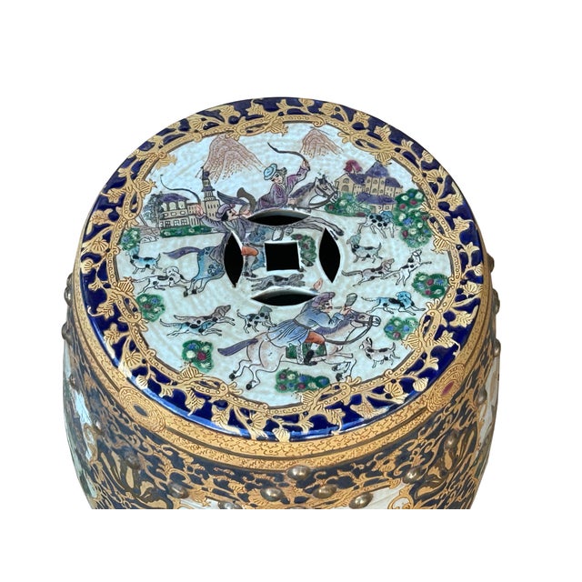 Vintage Oriental Chinoiserie Western Graphic Porcelain Stool Table Ottoman For Sale - Image 4 of 9