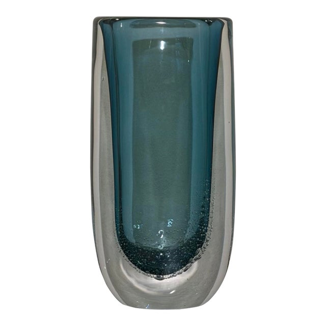 Large Azure Micro Bubble Polish Art Glass Vase by Global Views For Sale