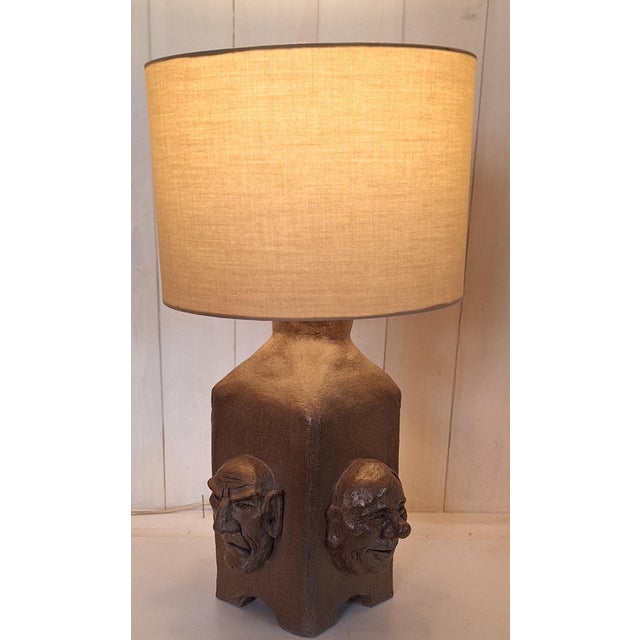Vintage Table Lamp with Brown Ceramic Base with 4 Different Cartoon Faces and Beige Fabric Shade, 1982 For Sale - Image 3 of 15