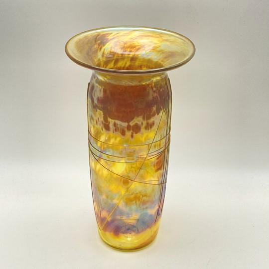 Abstract Roger Roland Golden Iridescent Signed Art Glass Vase (Hand Blown, 8.75-inch, Vintage) For Sale - Image 3 of 17
