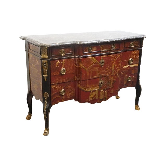 Chinoiserie Maitland Smith Asian Chinoiserie Inspired Louis XV 50" Red & Gold Lacquered Three Drawer Chest W. Granite Top For Sale - Image 3 of 13