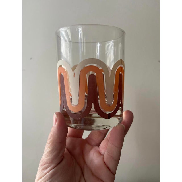 Glass 1970s Orange and Brown Groovy Wave Whiskey Lowball Glasses Barware - a Pair For Sale - Image 7 of 8