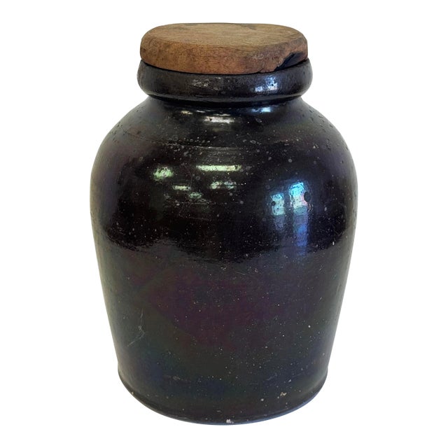 Antique Primitive Crock Jar With Wood Lid For Sale