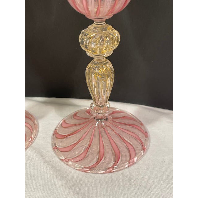 1960s Set of 2 Zanfirico Salviati Murano Style Pink Ribbon Glass Gold Dust Wine Glasses For Sale - Image 5 of 7