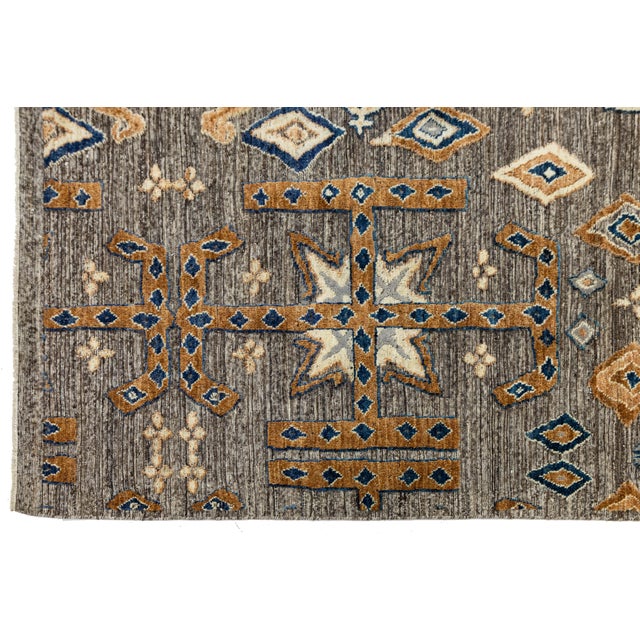 Textile Modern Tulu Tribal Wool Rug – Geometric Charcoal, Tan & Slate Blue 9x12 For Sale - Image 7 of 11