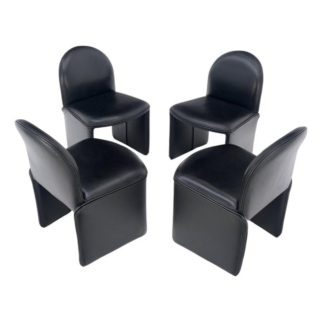 Set 4 Italian Mid Century Modern Black Leather Dining Chairs Bellini Style MINT! For Sale