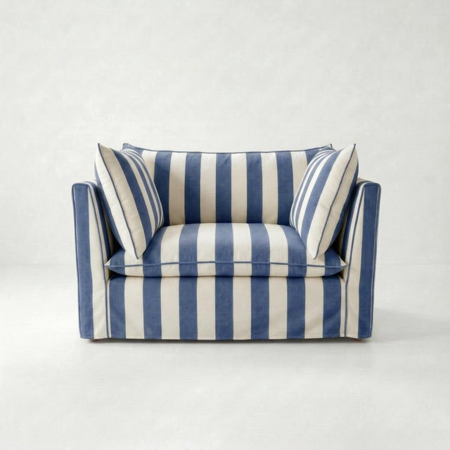 Not Yet Made - Made To Order Sophie Conran Coco Loveseat - Sea Holly Blue Wide Stripes with Knife Edge Cushion For Sale - Image 5 of 5