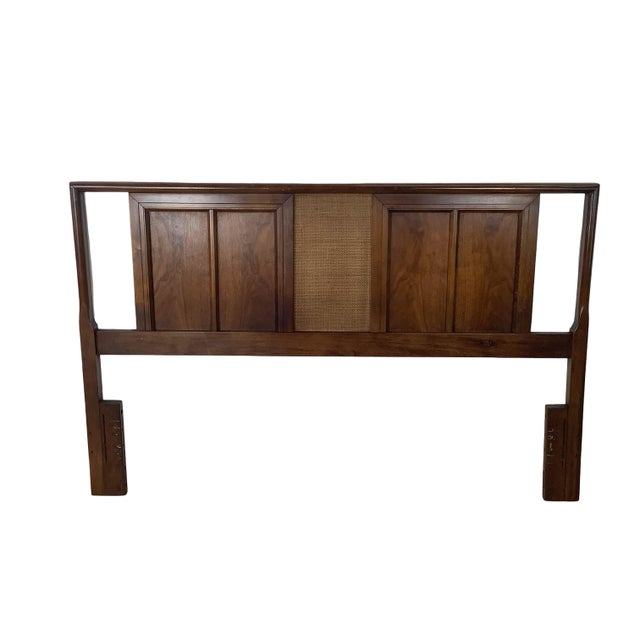 Mid-Century Walnut Headboard, Vintage Full/Queen, Woven Center Panel For Sale - Image 12 of 12