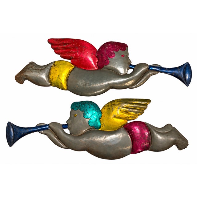 Dove Gray Vintage Tin Cherub Angels With Trumpets – Christmas Holiday Wall Decor, a Pair For Sale - Image 8 of 8